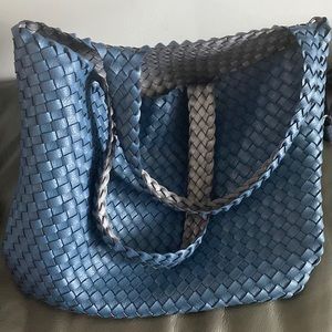 Ilse  Jacobsen blue and silver woven tote reversible Vegan Leather